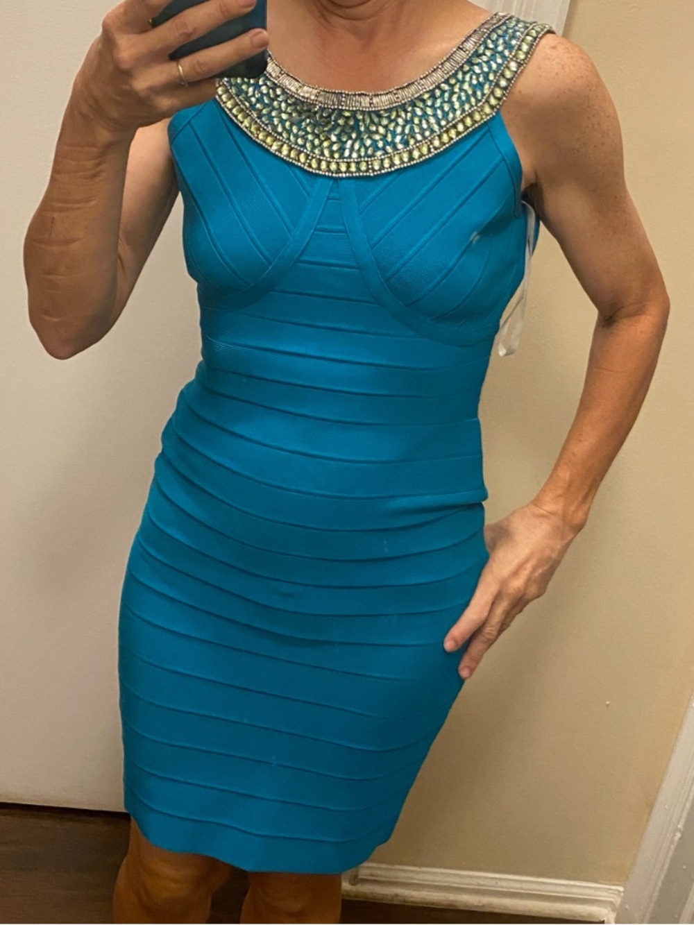 Terani Couture Turquoise Beaded Neck Dress